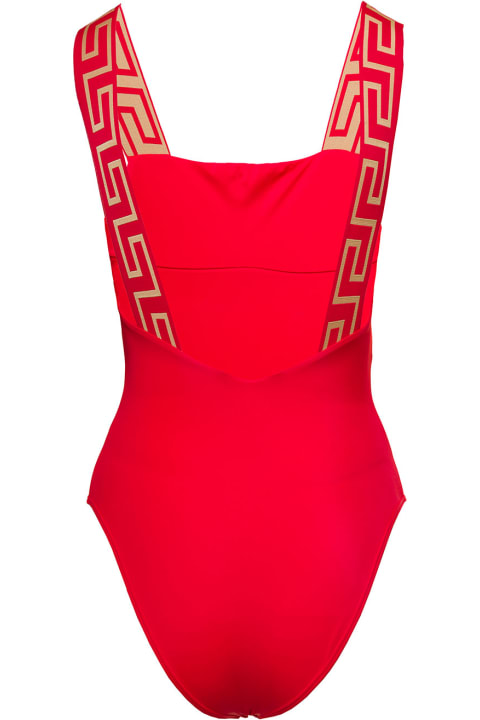 Red Greca Border One-piece Swimsuit In Stretch Polyamide Woman