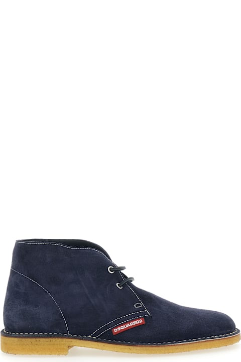 Dsquared2 Blue Oxford Shoes With Logo Patch On The Side And Contrasting Stitching In Suede Man
