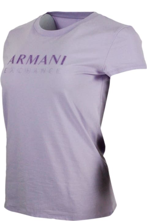 Armani Collezioni Women Armani Collezioni Short-sleeved Crew-neck T-shirt With Logo On The Chest In Stretch Cotton And Lurex Logo Writing