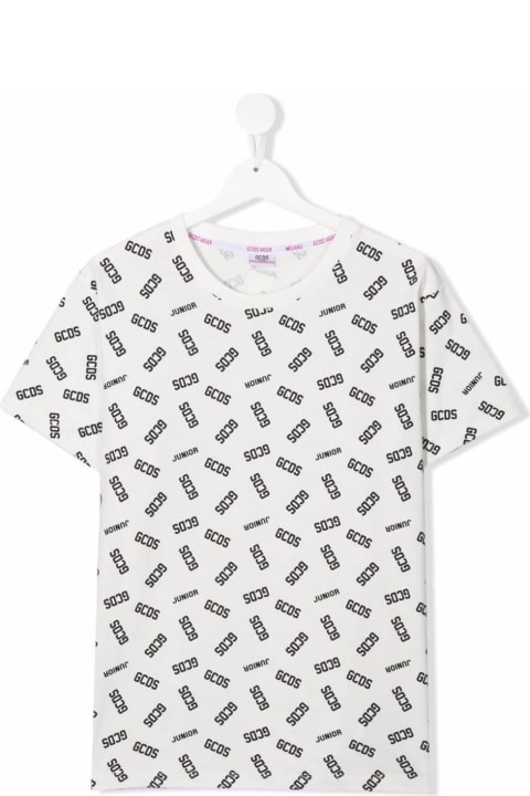 Gcds Kids Boy's White Cotton T-shirt With Allover  Logo Print