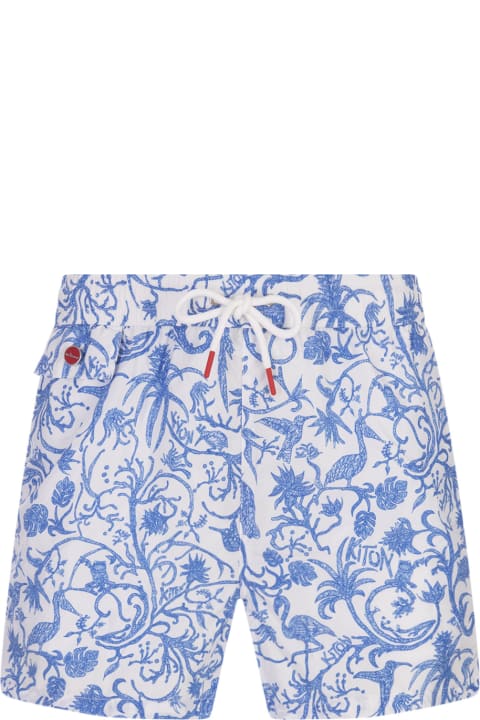Swimwear for Men Kiton White Swim Shorts With Blue Fantasy Print