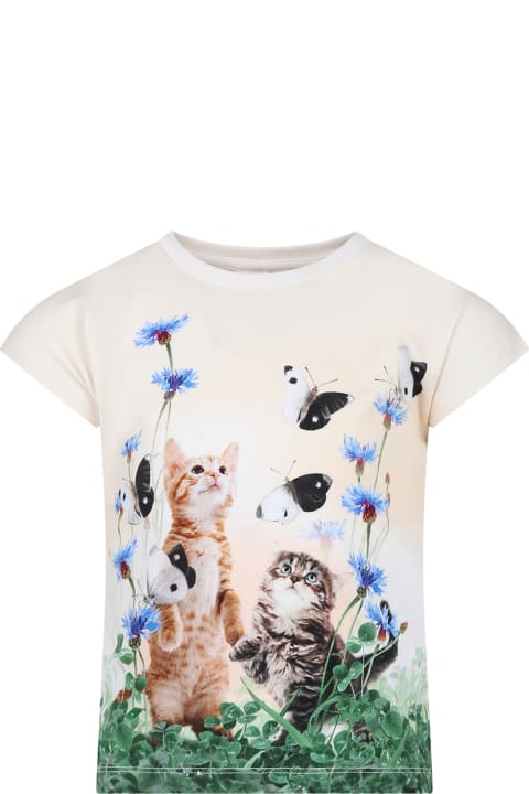 Molo for Kids Molo Ivory T-shirt For Girl With Cats Print