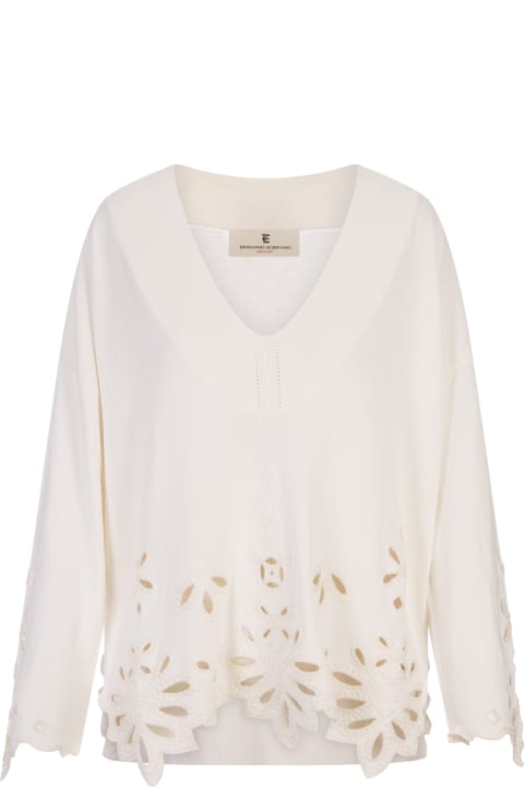 Ermanno Scervino Sweaters for Women Ermanno Scervino White Over Sweater With V-neck And Lace