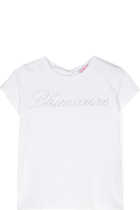 Miss Blumarine T-Shirts & Polo Shirts for Girls Miss Blumarine White T-shirt With Rhinestone Logo And Ruffle Detail