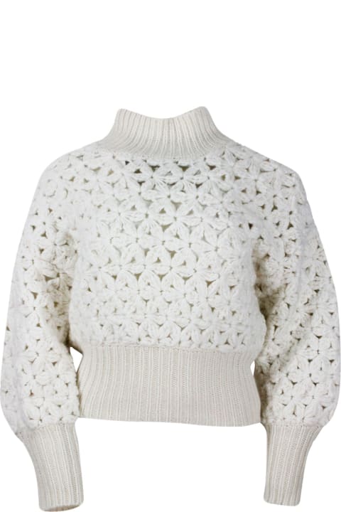 Fabiana Filippi Sweaters for Women Fabiana Filippi Long-sleeved High-neck Sweater In Soft And Precious Wool, Silk And Cashmere With Flower Processing And Hand-made And Embellished With Micro-sequins