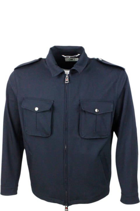 Jacket In Special Stretch Water-repellent Wool Canvas Fabric With Standing Collar And Patch Pockets On The Chest. Zip Closure