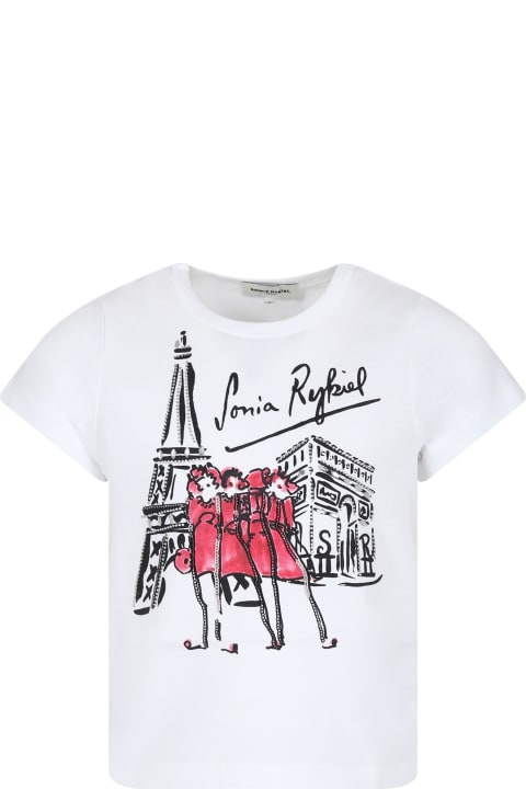 Rykiel Enfantのガールズ Rykiel Enfant White T-shirt For Girl With Tour Eiffel Print And Rhinestones