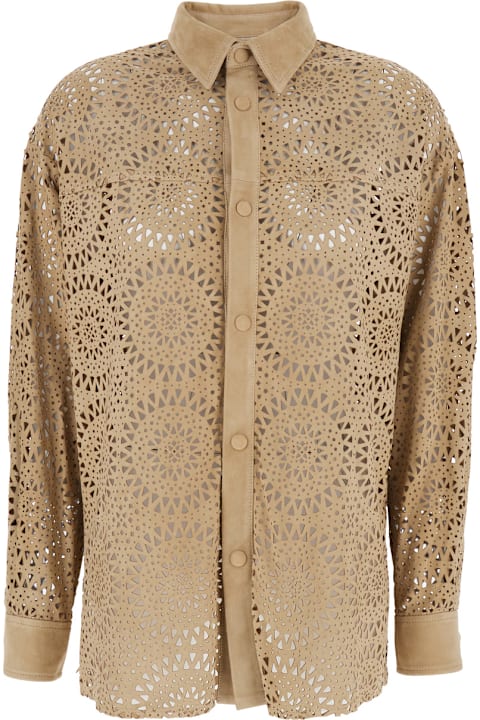 Homeware Eleventy Beige Shirt With Classic Collar And All-over Perforated Motif In Suede Woman