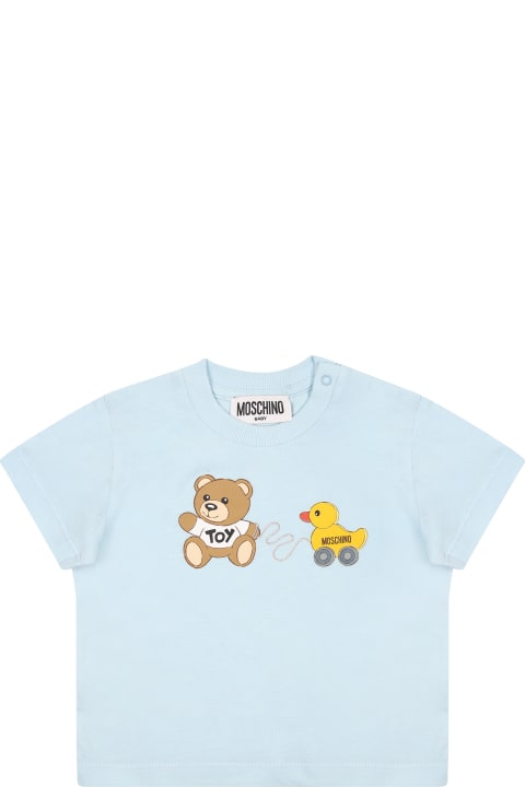 Moschino T-Shirts & Polo Shirts for Baby Girls Moschino Light Blue T-shirt For Baby Boy With Teddy Bear And Duck