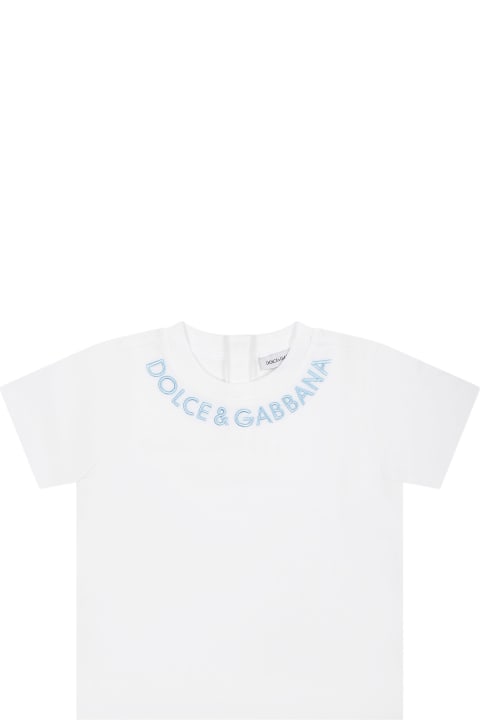 White T-shirt For Babies With Light Blue Embroidered Logo
