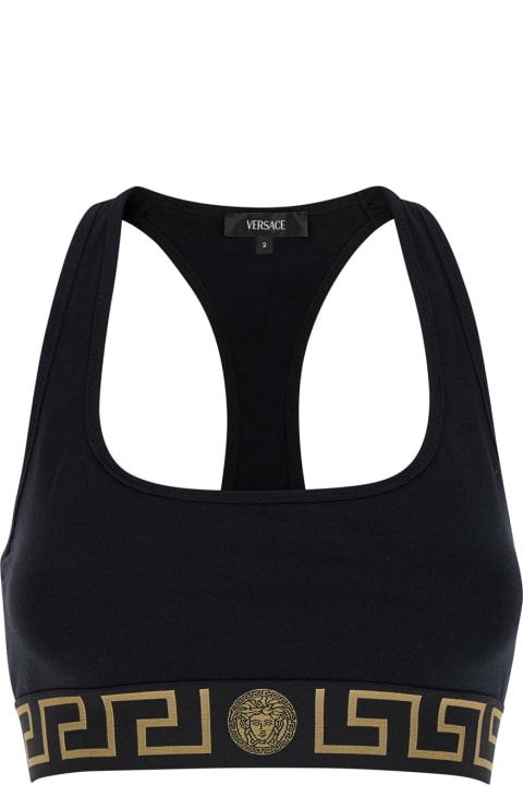 Versace Topwear for Women Versace Black Sports Bra With Greca And Medusa Detail In Stretch Cotton Woman