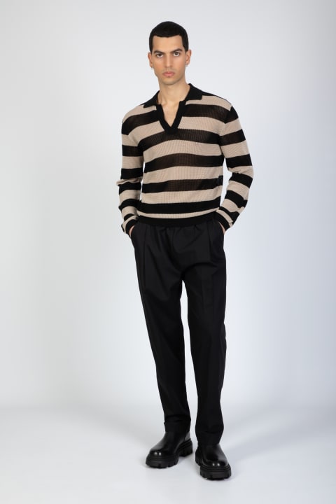Laneus Sweaters for Men Laneus Mesh Polo Shirt Long Sleeves Man Beige and black striped mesh knitted polo shirt - Mesh polo shirt