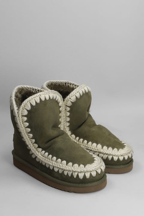 Homeware Mou Eskimo 18 Low Heels Ankle Boots In Green Suede