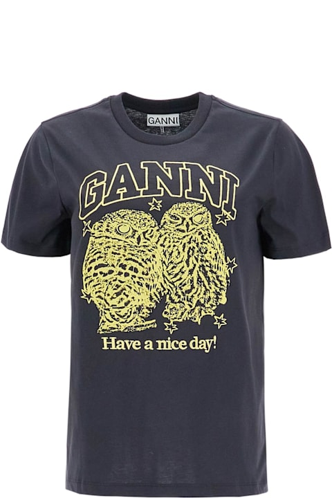 Fashion for Women Ganni Owls Print Logo T-shirt