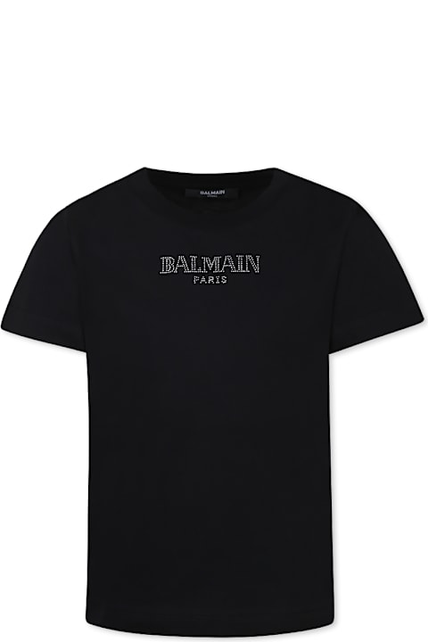 Homeware Balmain Black T-shirt For Girl With A Silver Rhinestone Logo