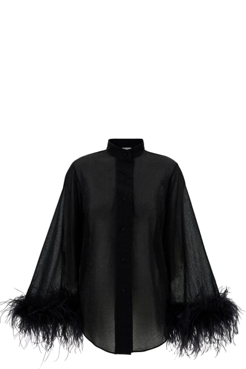 Oseree Women Oseree 'lumière' Black Relaxed Shirt With Tonal Feathers In Polyamide Blend Woman