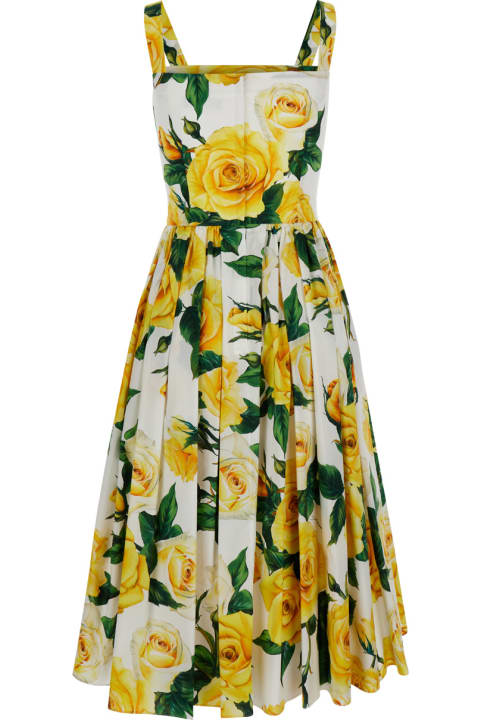 Dolce & Gabbana for Women Dolce & Gabbana Yellow Midi Dress With All-over Rose Print In Cotton Woman