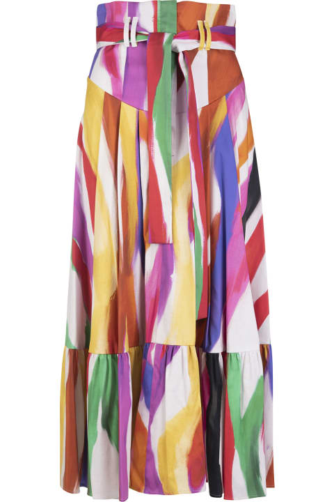 Woman White Midi Skirt With Multicolored Print