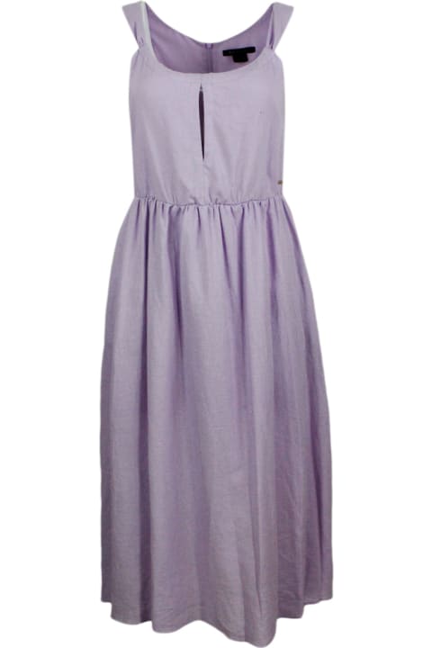 Armani Collezioni Women Armani Collezioni Sleeveless Dress Made Of Linen Blend With Elastic Gathering At The Waist. Welt Pockets
