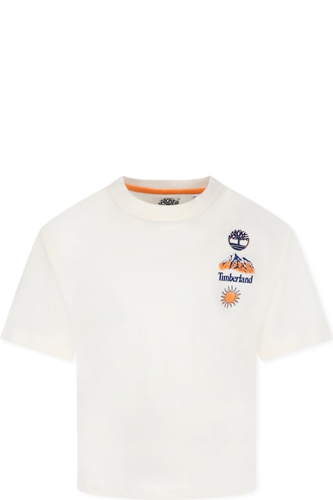 Timberland Topwear for Boys Timberland Ivory T-shirt For Boy With Logo And Landscape