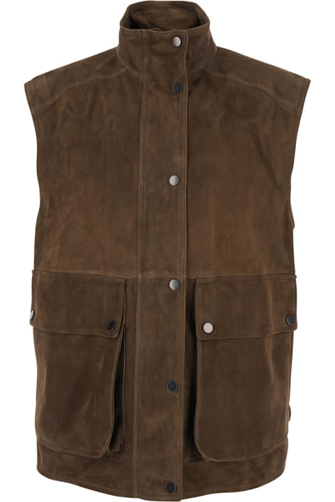 Brunello Cucinelli for Kids Brunello Cucinelli Brown Vest With High Collar And Two Front Pockets In Leather Woman