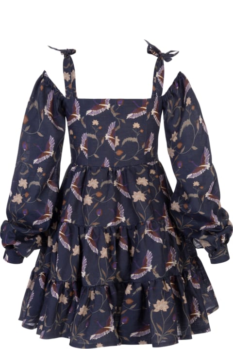 New Leontine Mini Dress In Navy Blue Linen With Heron Print