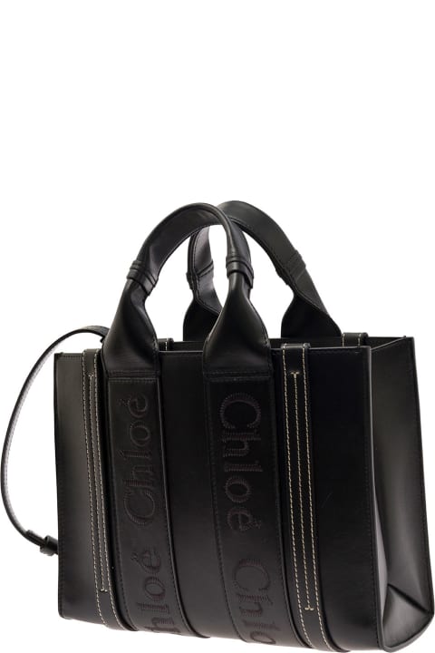 Chloé 
small Woody
 Black Tote Bag With Tonal Logo Detail In Leather Woman