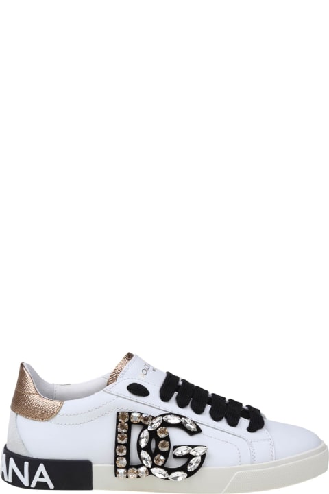 Low Sneakers In White Calfskin With Applied Rhinestone