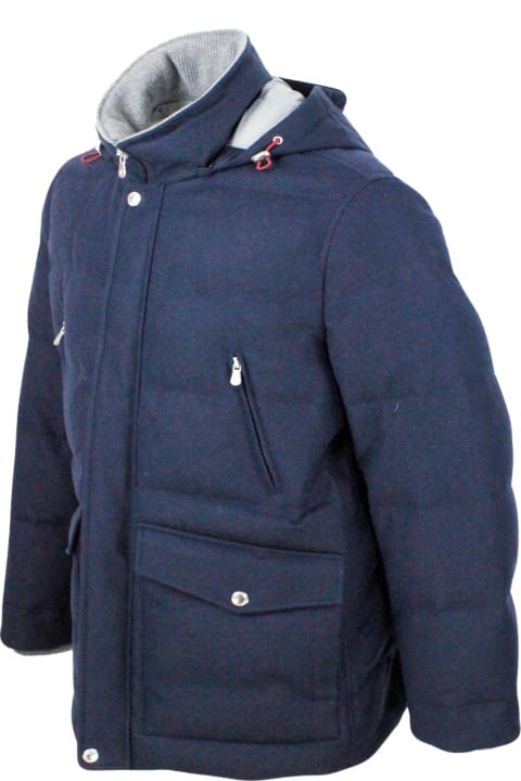 Brunello Cucinelli Clothing for Men Brunello Cucinelli Down Jacket In Wool, Silk And Cashmere Padded With Fine Goose Down With Detachable Hood And Front Pockets