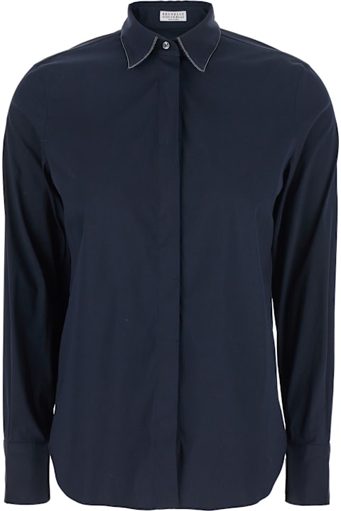 Brunello Cucinelli for Kids Brunello Cucinelli Blue Shirt With Pointed Collar And Monil Detail On The Collar In Cotton Blend Woman