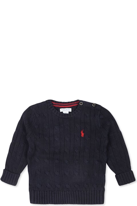 ベビーガールズ Ralph Laurenのニットウェア＆スウェットシャツ Ralph Lauren Blue Cable Knit Pullover With Contrast Pony