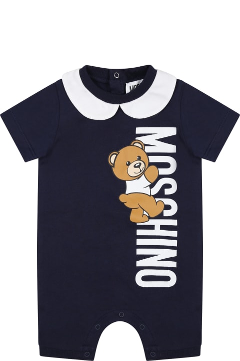 Sale for Baby Girls Moschino Blue Baby Romper With Teddy Bear And Logo