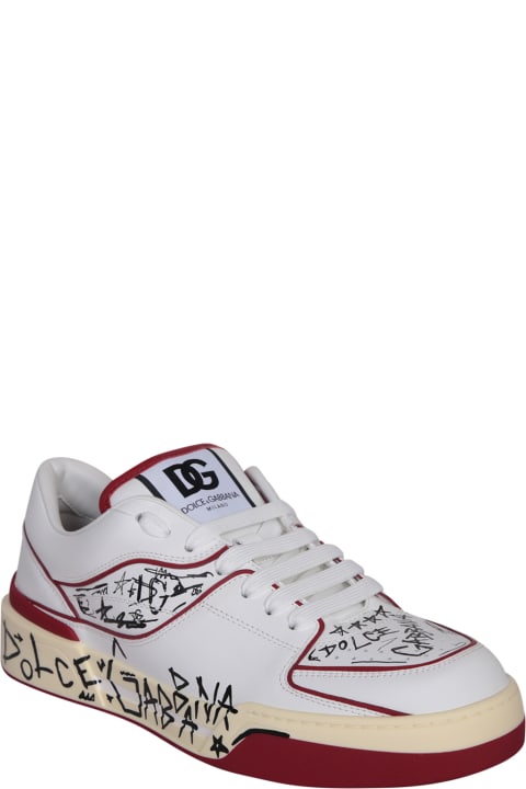 Dolce & Gabbana Sneakers for Women Dolce & Gabbana Dolce & Gabbana New Roma Allover Graffiti Sneakers In White With Red Accents