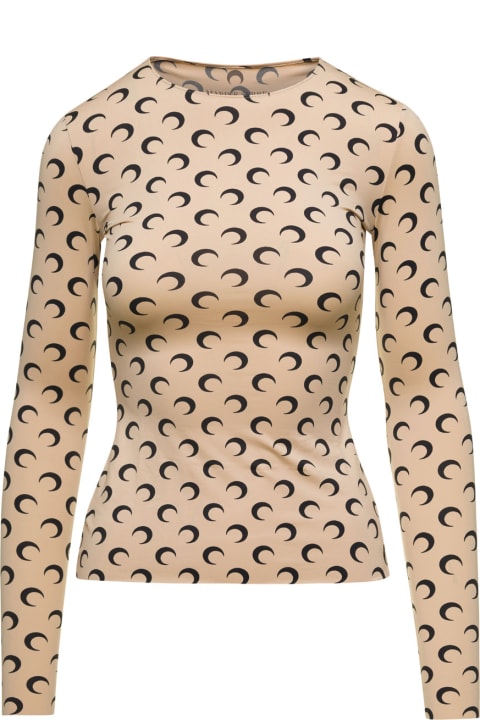 Homeware Marine Serre Beige Crewneck T-shirt With All-over Crescent Moon Print In Tech Fabric Stretch Woman