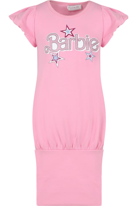 Dresses for Girls Monnalisa Pink Dress For Girl With Writing And Rhinestone