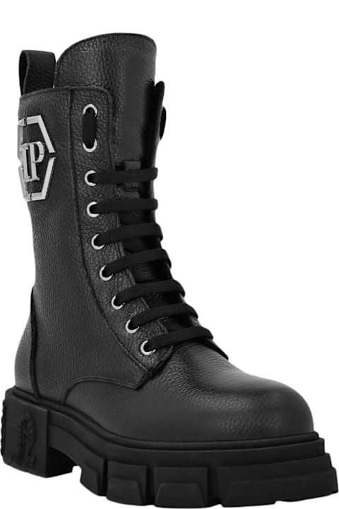 Philipp Plein for Women Philipp Plein Black Embossed Leather Boots Mid Flat