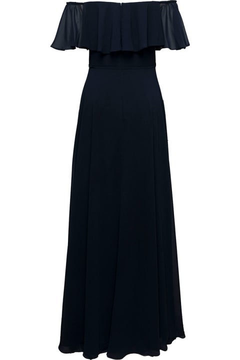 Marchesaa Notte Woman's Augusta Blue Chiffon Long Dress With Off Shoulders