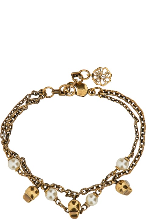 Jewelry Sale for Women Alexander McQueen Skull Pearl Chain Bracelet In Antiqued Gold