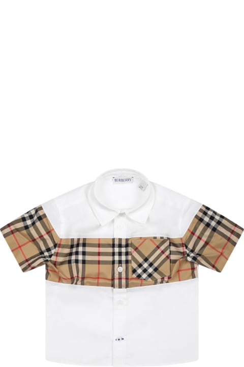 ベビーボーイズ トップス Burberry White Shirt For Baby Boy With Iconic Vintage Check