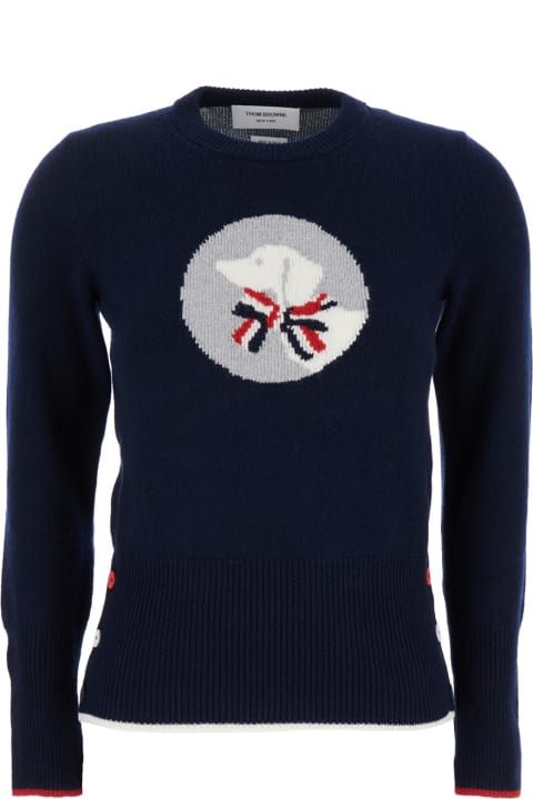 Thom Browne for Women Thom Browne Hector & Bow Jersey Intarsia Crewneck Pullover In Merino Wool With Tipping