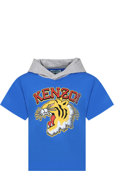 Kenzo Kids T-Shirts & Polo Shirts for Boys Kenzo Kids Light Blue T-shirt For Boys With Iconic Tiger And Logo