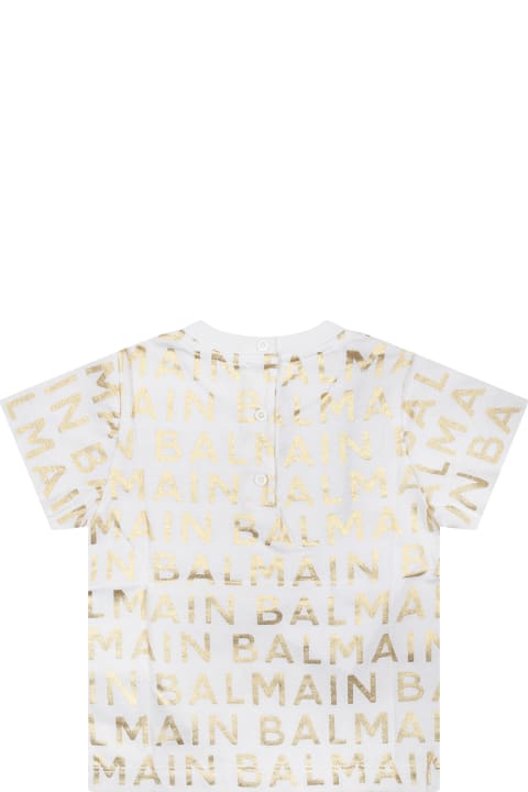 Balmainのベビーガールズ Balmain White T-shirt For Babies With All-over Gold Logo