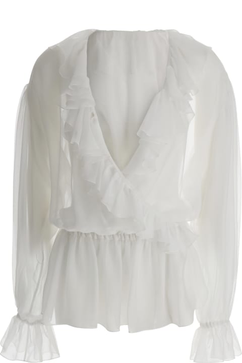 White Cropped Blouse With Ruffles Trim In Silk Woman