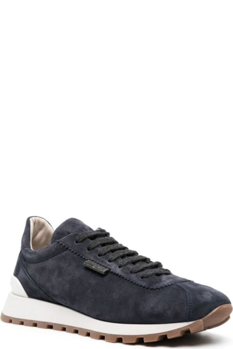Blue Low Top Sneakers With Monile Detail In Suede Woman