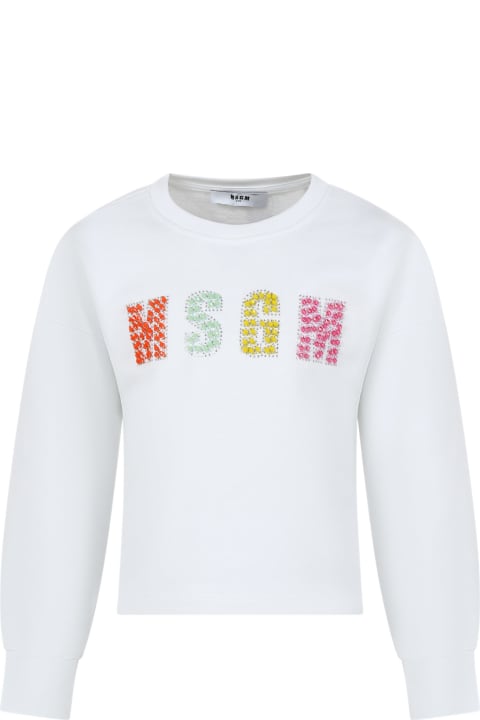ガールズ MSGMのニットウェア＆スウェットシャツ MSGM White Sweatshirt For Girl With Rhinestones And Multicolor Stones