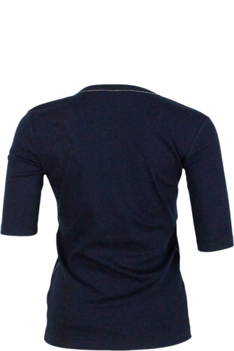 ウィメンズ Fabiana Filippiのトップス Fabiana Filippi Ribbed Cotton T-shirt With U-neck, Elbow-length Sleeves Embellished With Rows Of Monili On The Neck And Sides