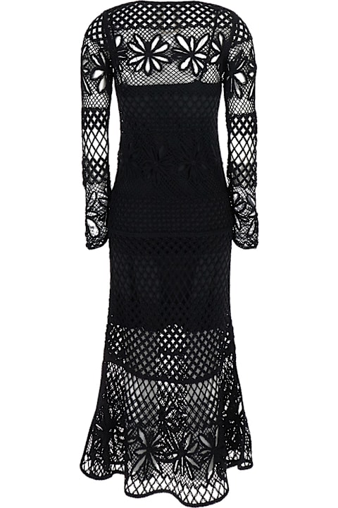 Homeware Pinko Ortles Black Crewneck Long Dress With Fishnet Design And All-over Floral Embroidery