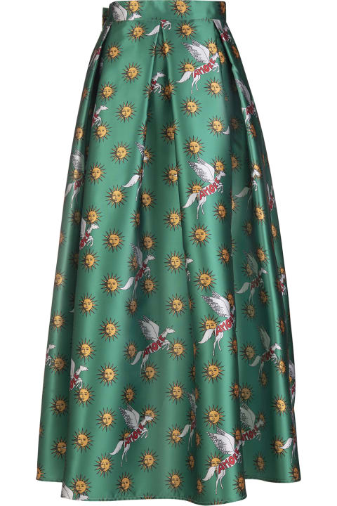 Long Green Bell Skirt With All-over "sun" Print