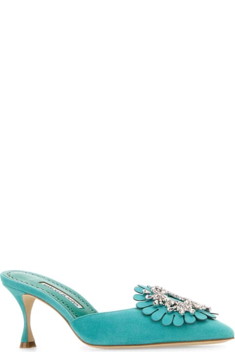 Manolo Blahnik Turquoise Suede Shogmu Mules