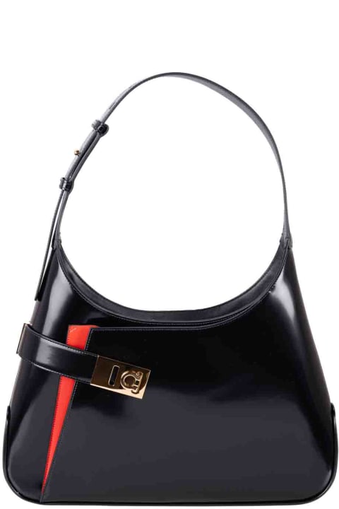 Salvatore Ferragamo AQ-21 0170 Black Leather Gancini Clasp Hobo Handbag  Italy